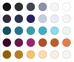 Small circles showing color palette hues including blues, berries, oranges, and mustards.