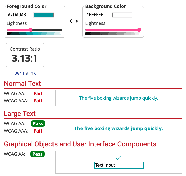 Screenshot of a color contrast checker tool showing that a particular teal color fails a contrast check on a white background.