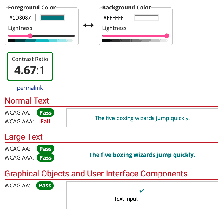 Screenshot of the same color contrast checker tool showing that a slightly darker version of the teal color passes the contrast check.