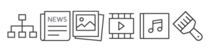 Icons of sitemap, text, photos, video file, audio file and a paintbrush.