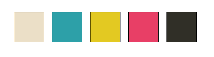 A 5-color brand palette consisting of beige, teal, yellow, pink, and dark gray.