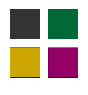 Color palette with black, green, gold, and magenta.
