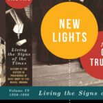 Cropped view of New Lights book cover, featuring a sepia toned photo of nuns with the book's title in two overlapping red and gold circles.