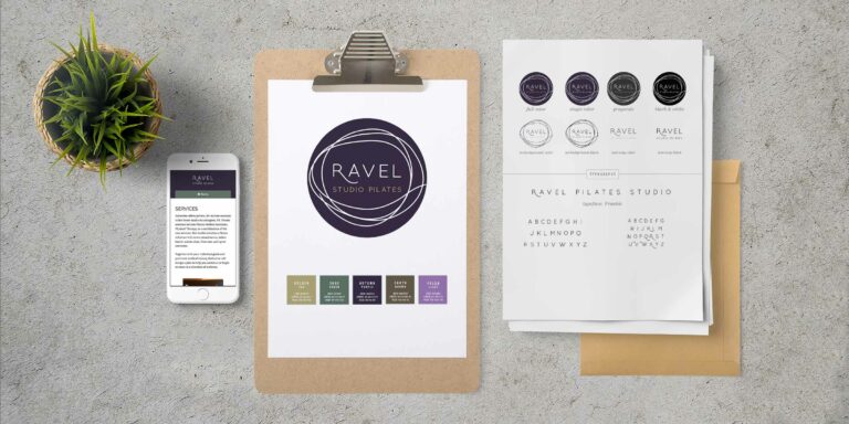 A clipboard with logo and color palette information for Ravel, showing some typical brand identity takeaways.