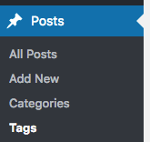 Screenshot of WordPress dashboard showing Tags below the Posts section in the side menu.