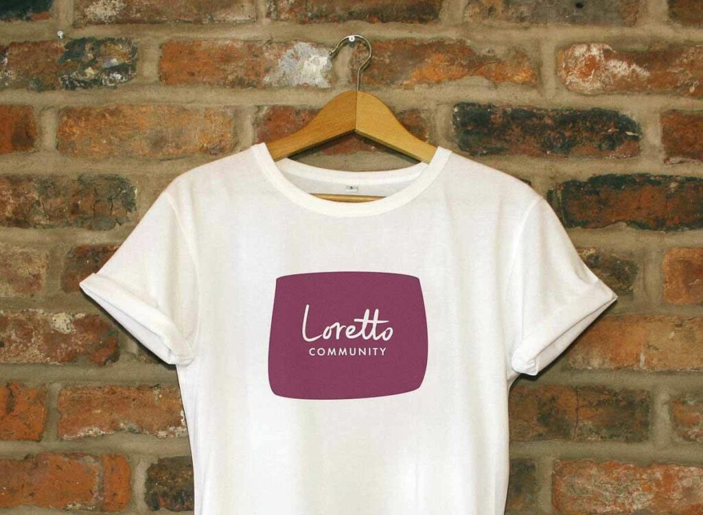 White t-shirt with Purple Loretto logo