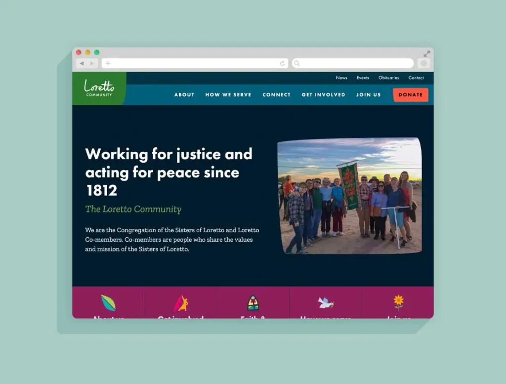 A screenshot of Loretto Community's vibrant brand identity, extended to a visually pleasing and usable website homepage.