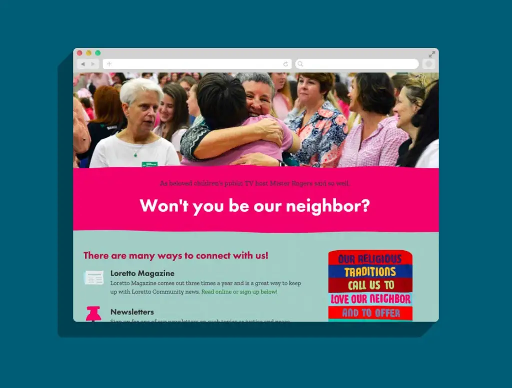 Screenshot of the LorettoCommunity.org website, featuring colorful graphics and photos