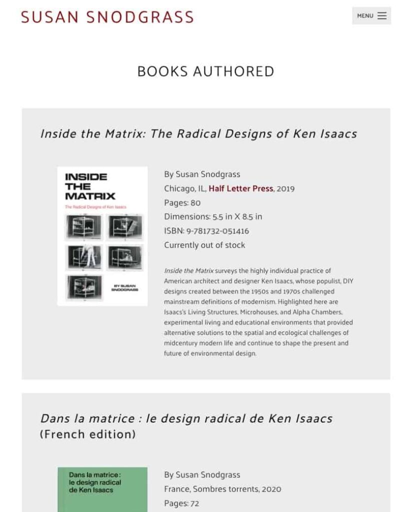 Website page showing book information and links
