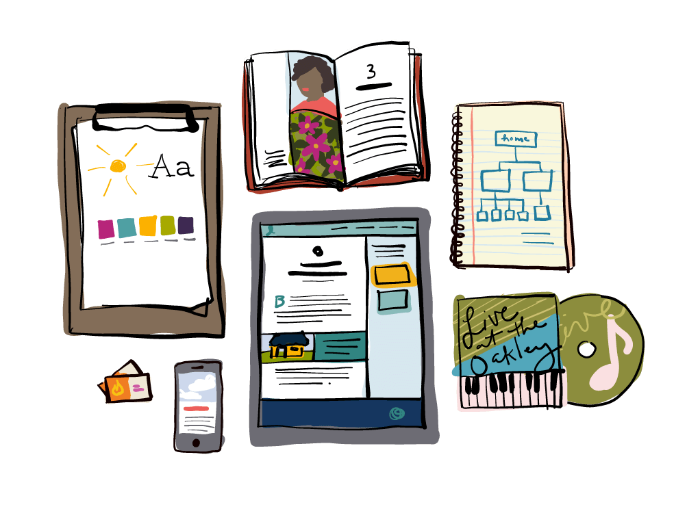 Sketched illustration of a notebook, a magazine, some print pieces and some devices showing websites.