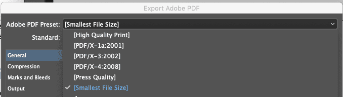 Screenshot of InDesign export dialogue showing various presets for PDF.