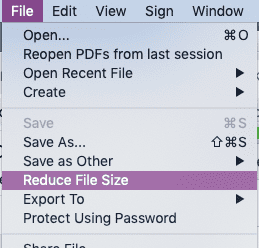 Screenshot of Adobe Acrobat option to "Reduce File Size"