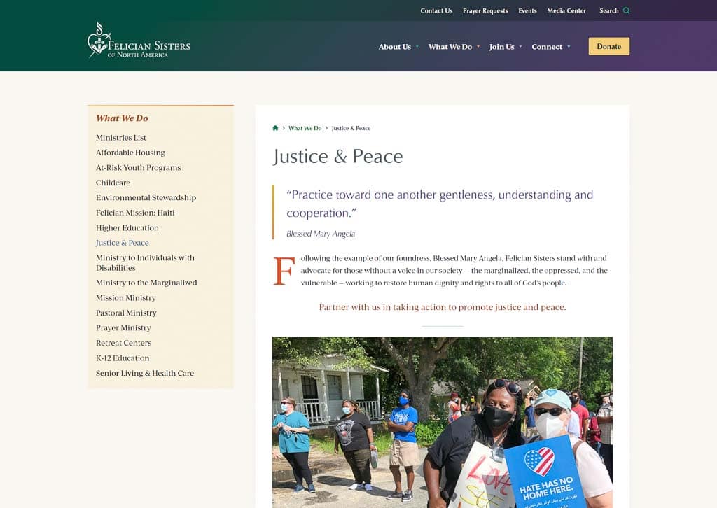 Screenshot of Justice & Peace page