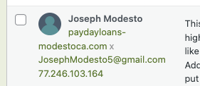 detail of a screenshot showing the commenter's name with a website URL below, followed by a little "X" to remove it