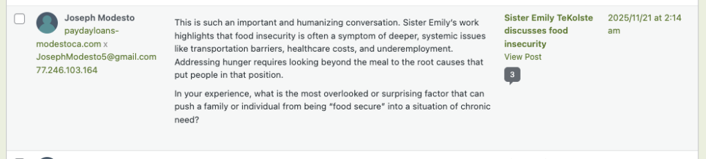 A screenshot of a comment on a post that exhibits markers of AI slop. Though the post is about food insecurity, the linked website is to a payday loans site.