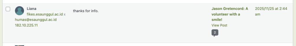 A comment awaiting approval says "thanks for the info." It's written by "Liana" but has a super spammy looking URL associated with it.